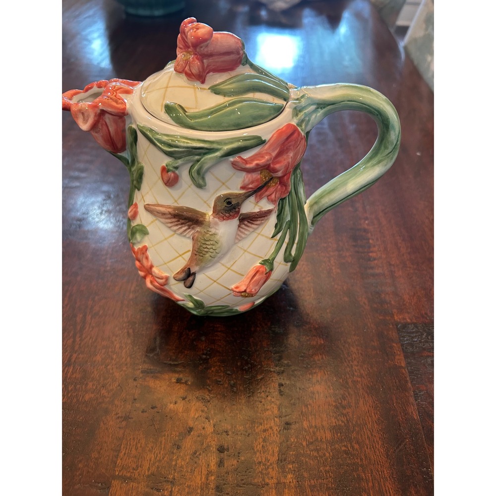 Flowers Inc Balloons Hummingbird Floral Ceramic Teapot S Tuck Hand Painted 8in